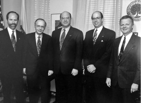 Music leaders gather for breakfast to celebrate the release of the National Standards for Arts Education and the adding the arts as a core subject held at the National Press Club March 11, 1994. Pictured from left to right are: Michael Greene, president and CEO – National Academy of Recording Arts and Sciences (NARAS); Secretary of Education Richard Riley; John Mahlmann – executive director, MENC; Bob Morrison – executive director, American Music Conference and director of Market Development, NAMM; Larry Linkin, president and CEO, NAMM