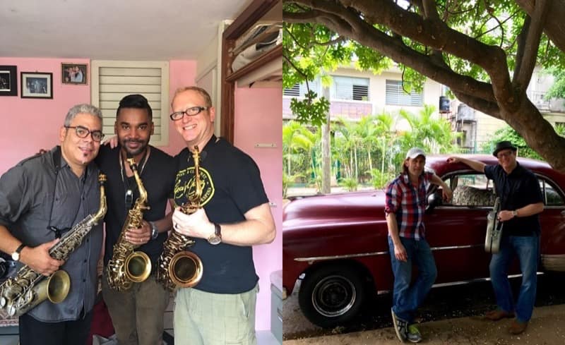 On left, Jody with Cesar Lopez (left) and Michel Herrera (middle). On right, Jody with his friend and guide Yves Pragerand one of Havana’s famous classic vintage cars. 